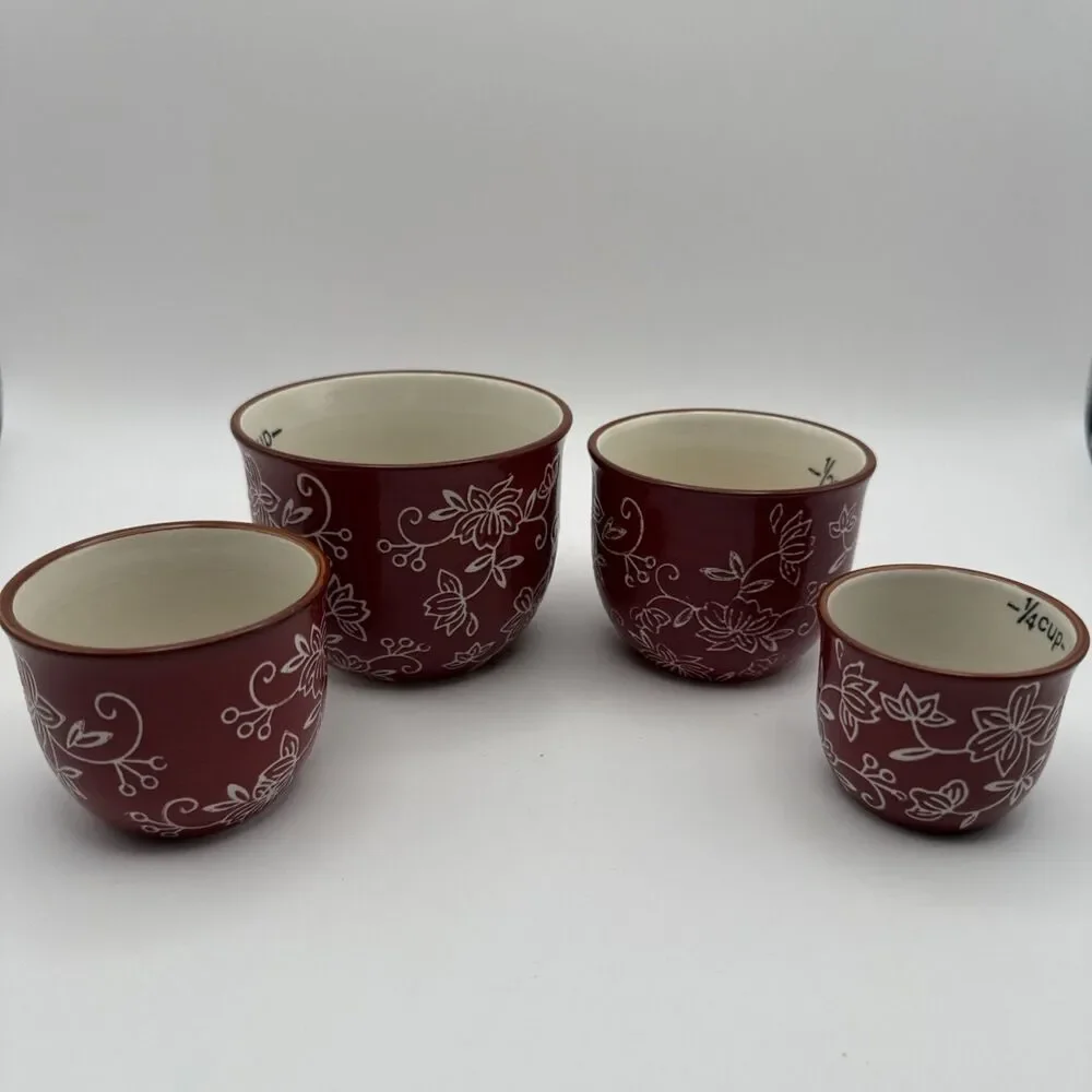 Temp-tations By Tara Floral Lace Measuring 4 Cups Nesting Cup Set Cranberry EUC